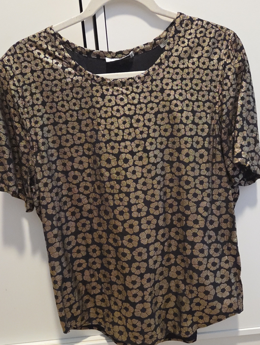 Metallic Gold Floral Print Silk T Shirt